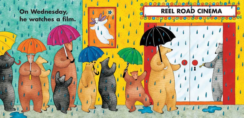 On Wednesday, he watches a film. 