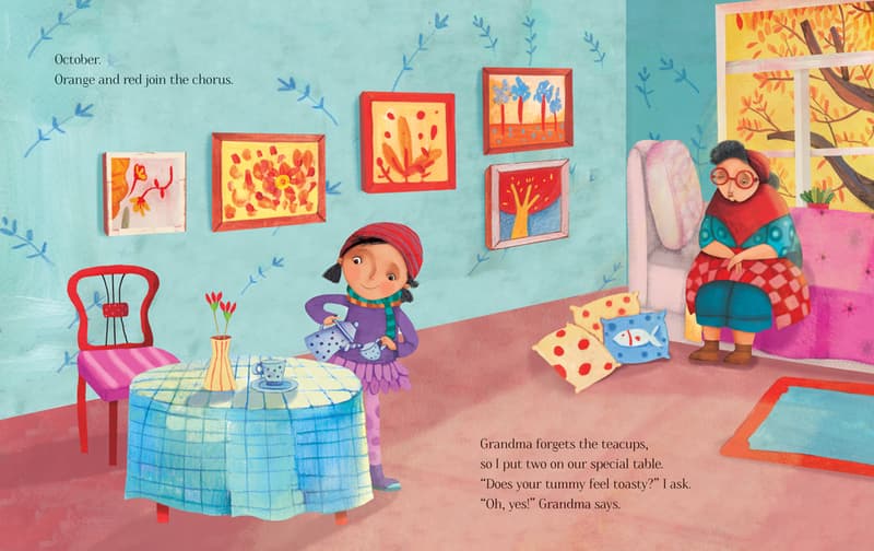 October. 
Orange and red join the chorus.
Grandma forgets the teacups
so I put two on our special table. 
"Does your tummy feel toasty?" I ask. 
"Oh, yes!" Grandma says. 