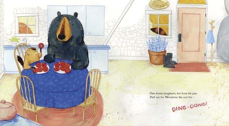 At the start of the story, LouAnn is happy to share her treats with her friend, Woodrow. I love how Brianne Farley foreshadowed the arrival of the next guest at the window.