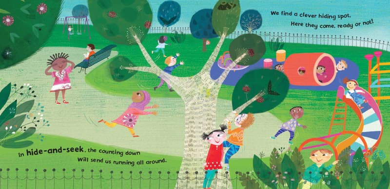 In hide-and-seek, the counting down will send us running all around. 
We find a clever hiding spot. Here they come, ready or not!