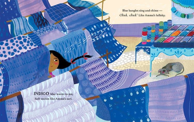 Indigo blue waves to me,
Soft cotton like Amma's sari. 
Blue bangles sing and chime –
Clink, clink! Like amma's lullaby. 