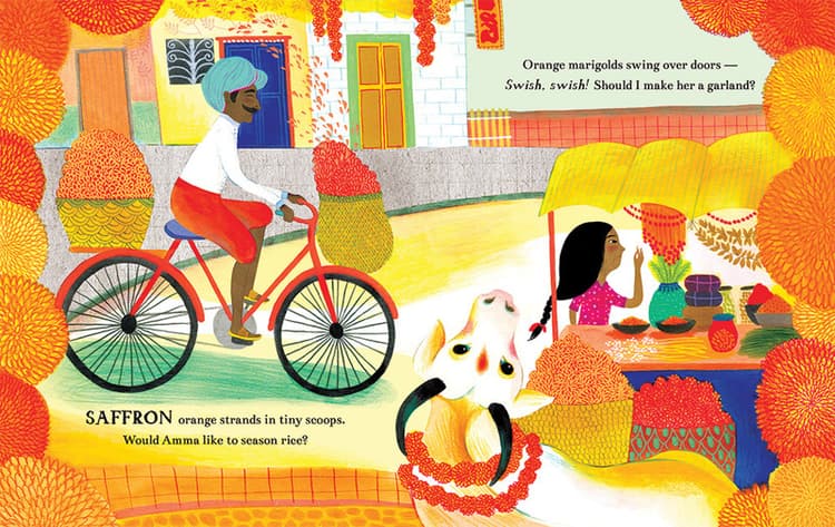 Saffron orange strands in tiny scoops. 
Would Amma like to season rice?
Orange marigolds swing over doors –
Swish, swish! Should I make her a garland?