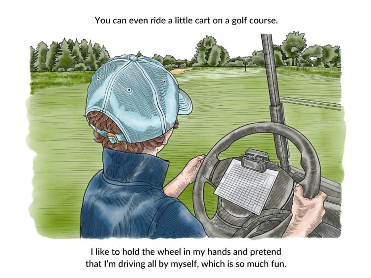 Young golfer pretending to drive the golf cart, and enjoying it