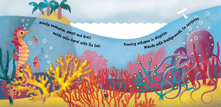 Dainty seahorse, small and frail, holds onto coral with its tail. Cunning octopus in disguise, blends with backgrounds, to surprise.  