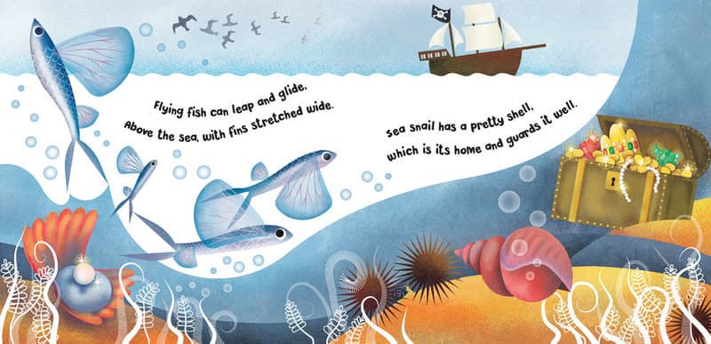 Flying fish can leap and glide, above the sea, with fins stretched wide. Sea snail has a pretty shell, which is its home and guards it well. 