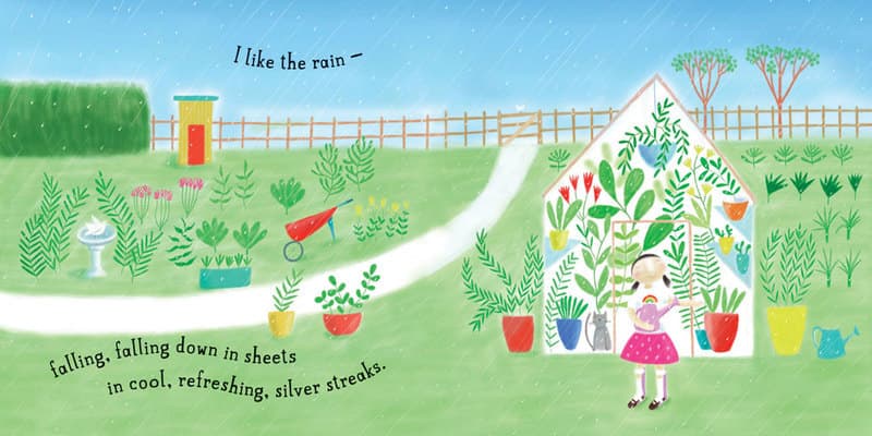 I like the rain – 
falling, falling down in sheets
in cool, refreshing, silver streaks. 
