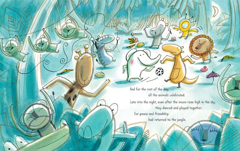 And for the rest of the day, all the animals celebrated. Late into the night, even after the moon rose high in the sky, they danced and played together. For peace and friendship had returned to the jungle. 