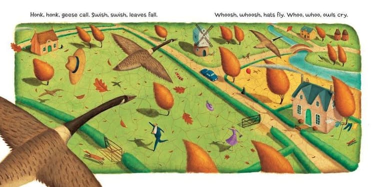 'Honk, honk, geese call. Swish, swish, leaves fall.'