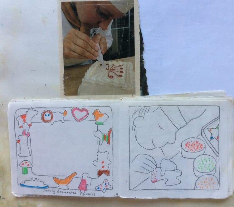 Another reference photo and my sketch. Can you see how this baker working so carefully to decorate the cake helped me with my picture?