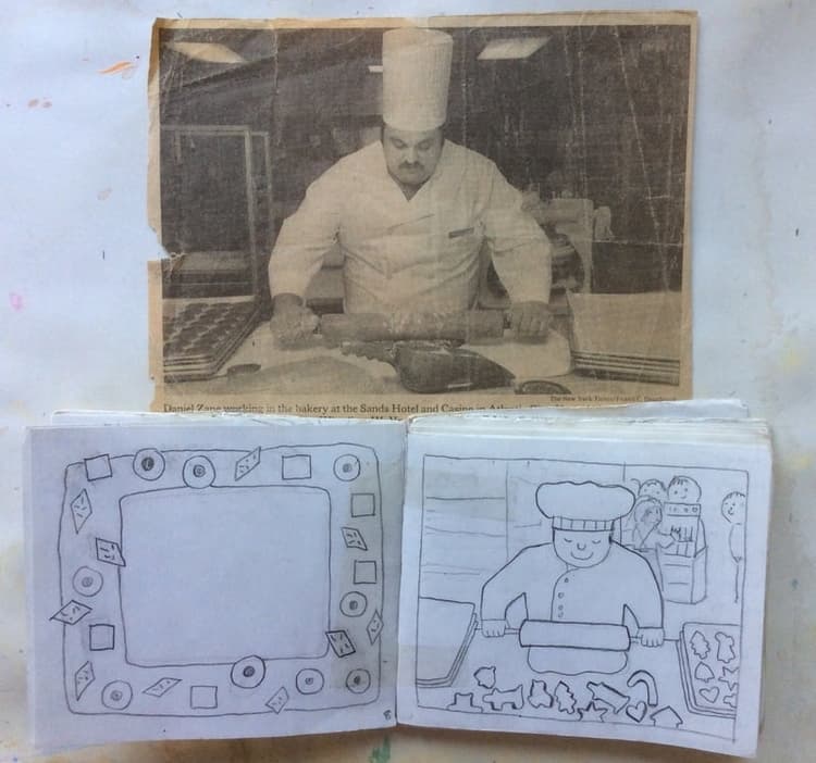 When I start a book I collect reference materials and then start small pencil sketches.