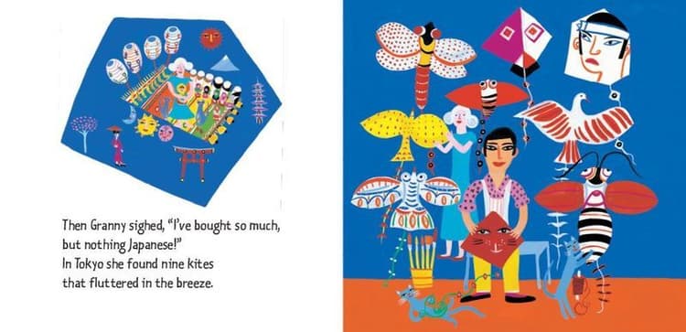 'In Tokyo she found nine kites that fluttered in the breeze.'
