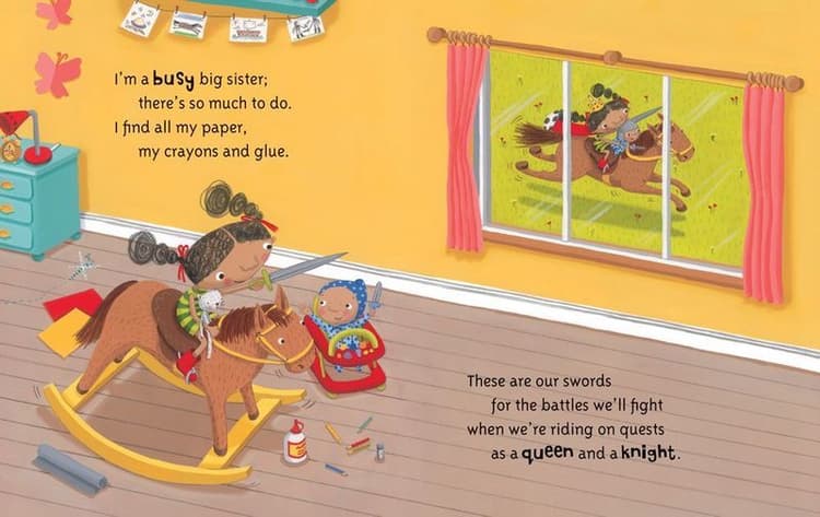I'm a busy big sister; there's so much to do. I find all my paper, my crayons and glue.'