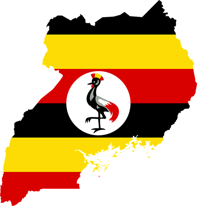 The shape of Uganda with the colors of the Ugandan flag.