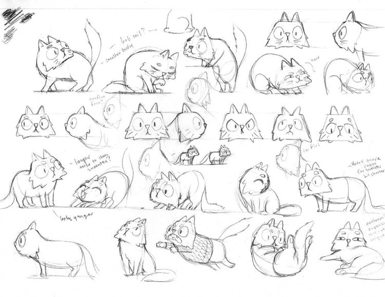 Early character sketches of Cat