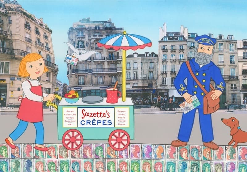Suzette with her first customer (who you might notice is based on Vincent van Gogh’s portrait of the postman, Joseph Roulin)