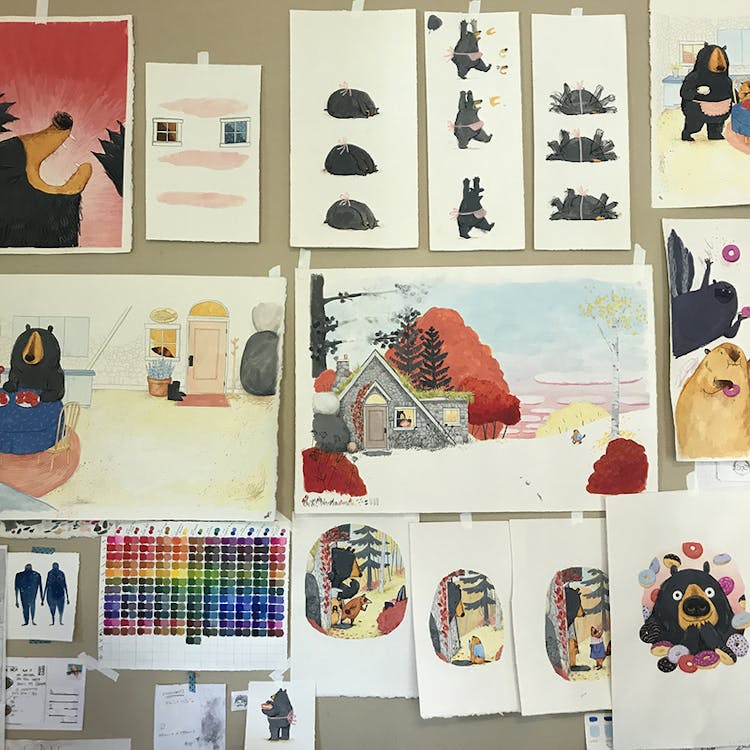 The wall of my studio while completing final art for Dozens of Doughnuts. The art was made using gouache, colored pencil, and watercolor crayon on paper.