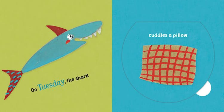On Tuesday, the shark cuddles a pillow. 