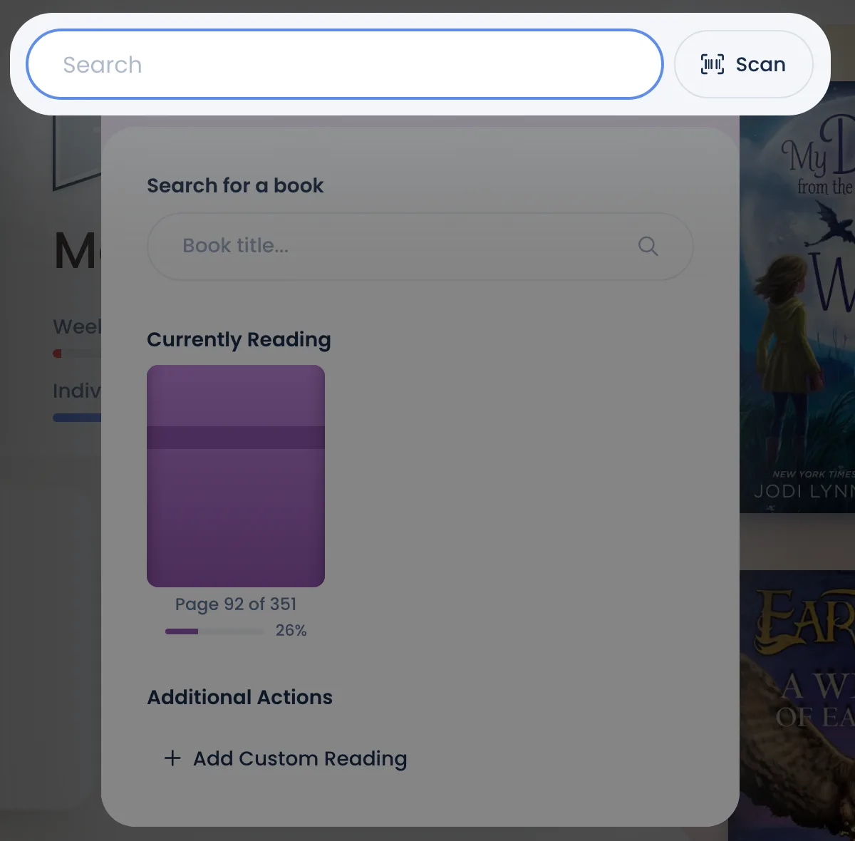 The Add Reading Activity window with the book search open: the Scan button at the top and Add Custom Reading below