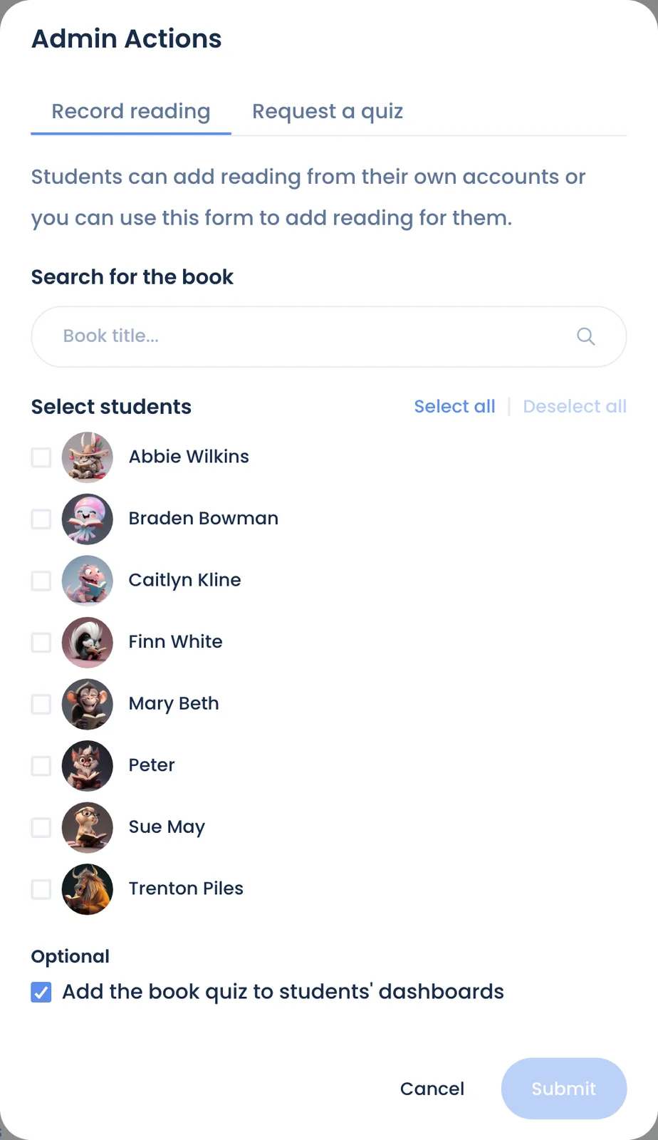 The Admin Actions window on the Record reading tab