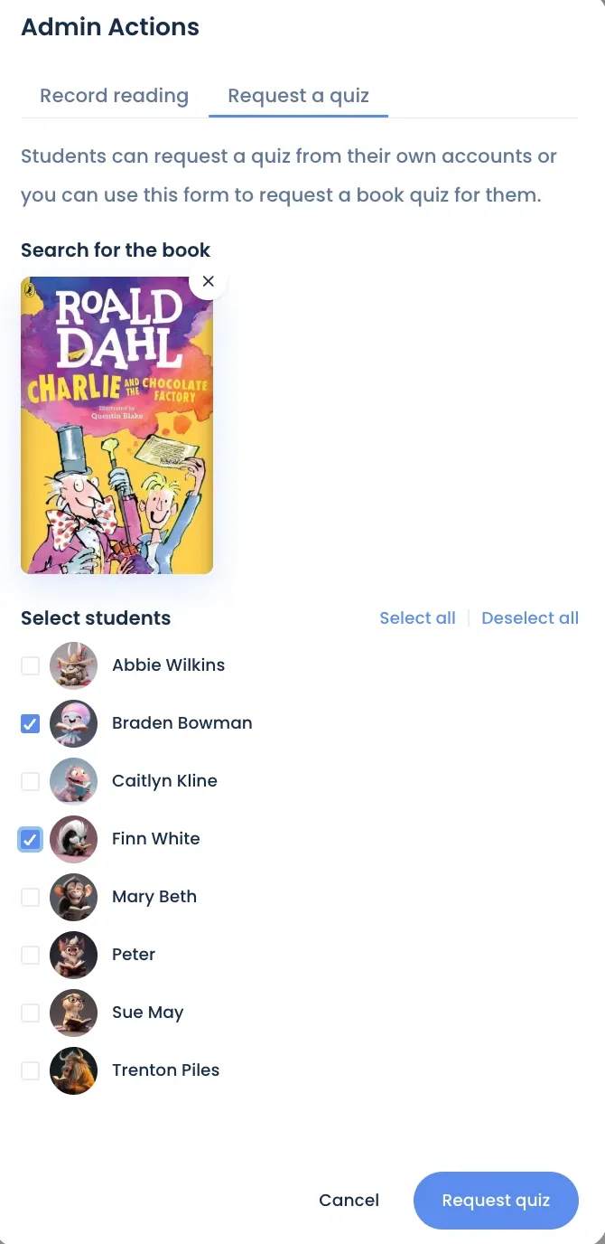 The Request a quiz form with a book chosen and two students ticked