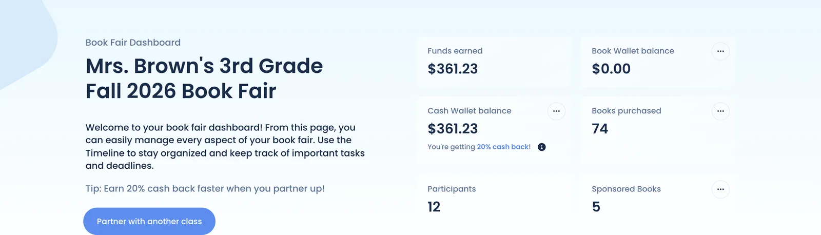 A book fair dashboard: Funds earned, the Book Wallet and Cash Wallet balances, Books purchased and Participants