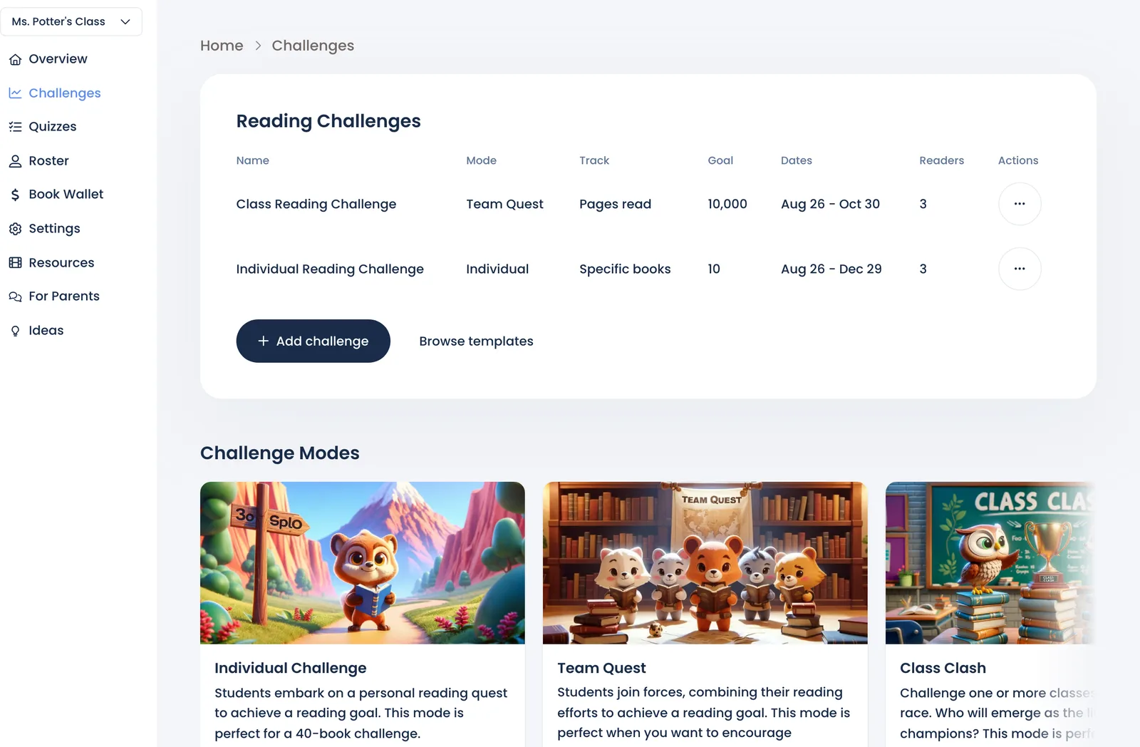 The Challenges page with Add challenge, Browse templates and the challenge modes