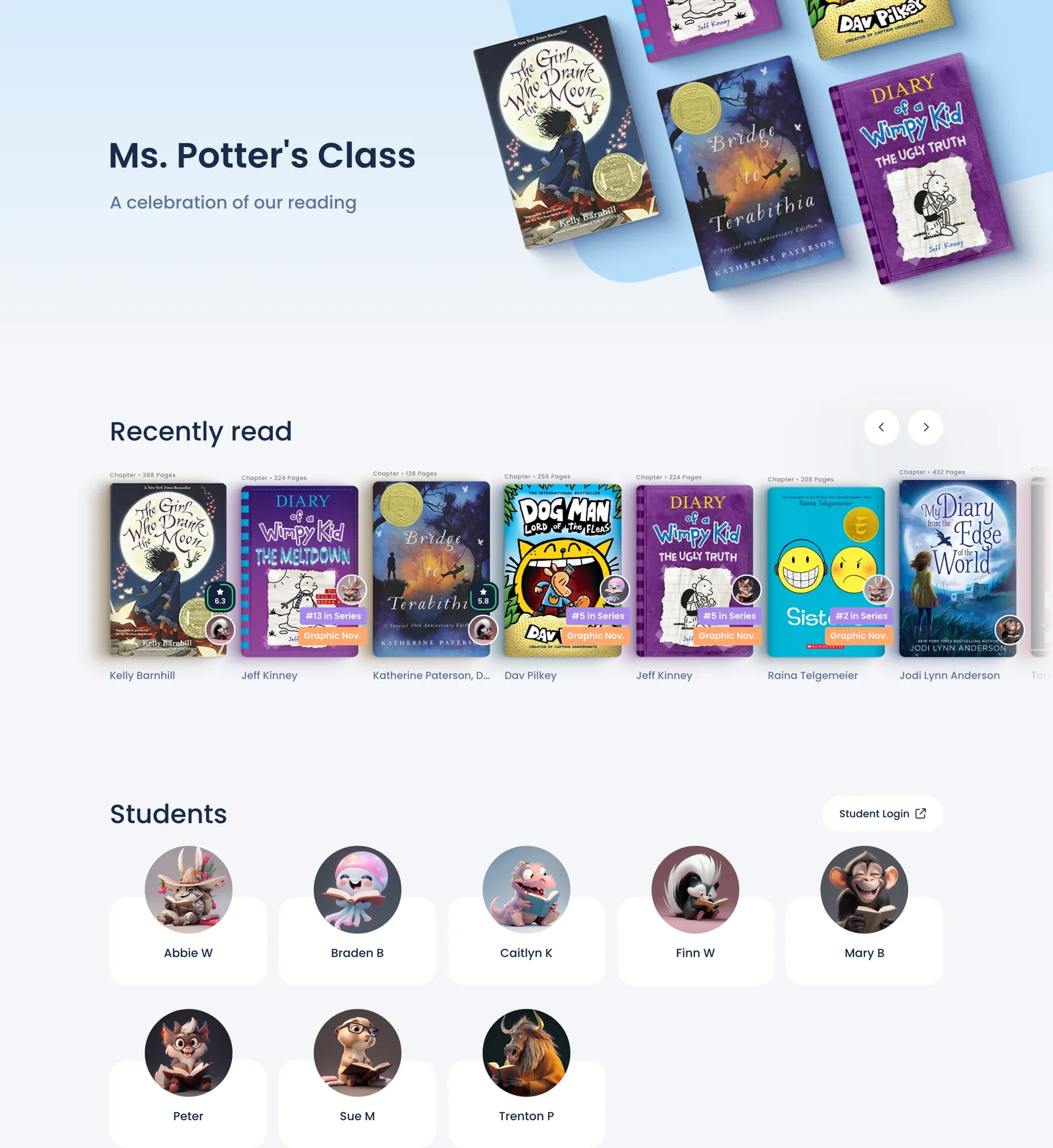 The Class Bulletin of the demo class: the class name, Recently read, and the Students grid