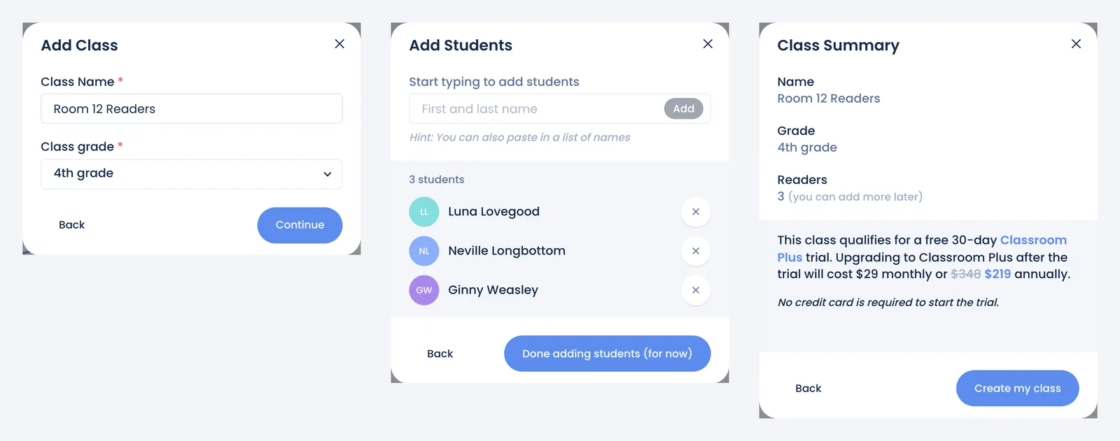 The create-class steps: Add Class, Add Students and Class Summary