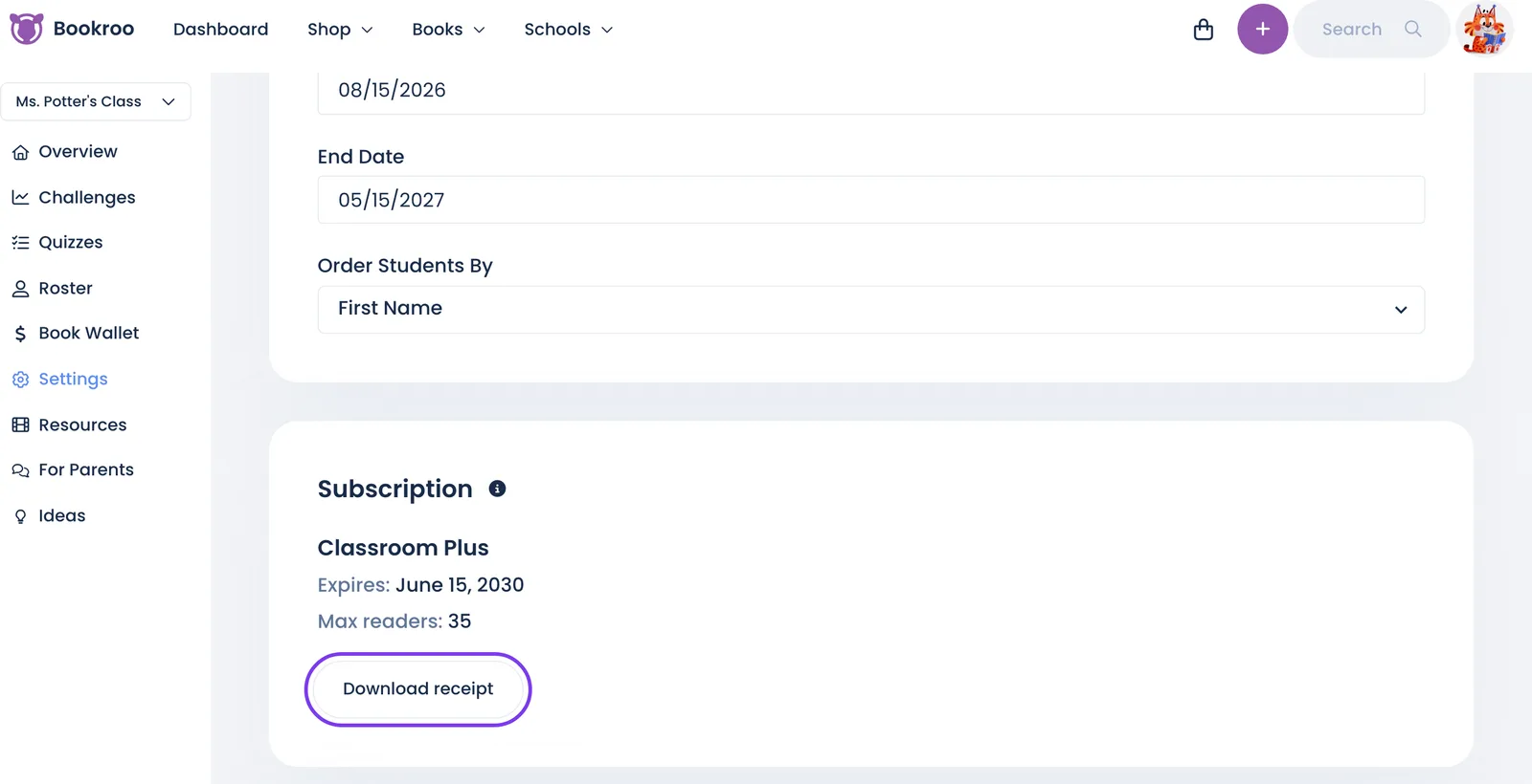 Download receipt in the Subscription card of class Settings
