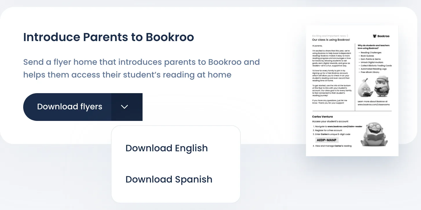 The Introduce Parents to Bookroo card with the Download flyers menu open