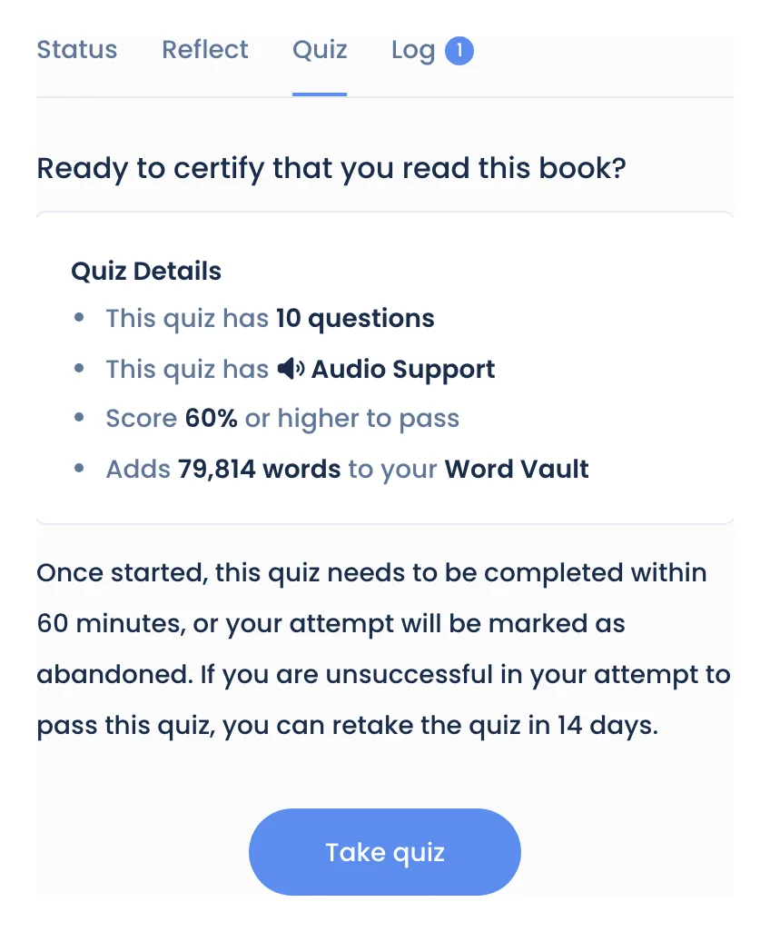 The Quiz tab: Quiz Details, the time limit and retake wait, and Take quiz