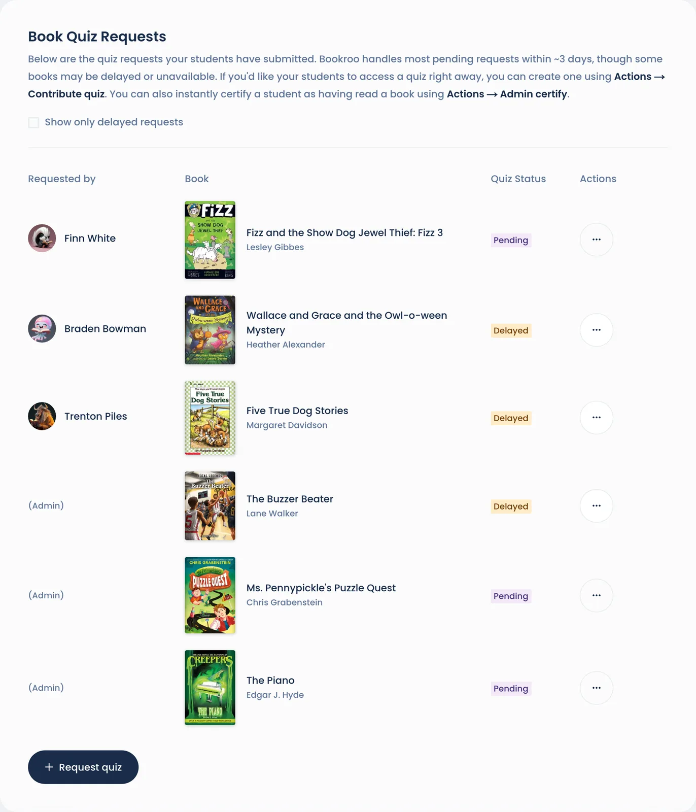 The Book Quiz Requests card with Pending and Delayed badges and the Request quiz button