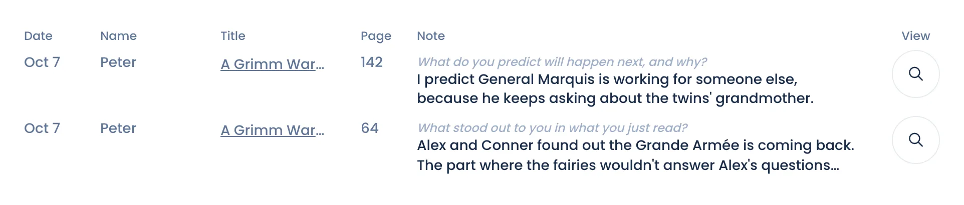 The While reading tab: two notes from one student, each with its page and question
