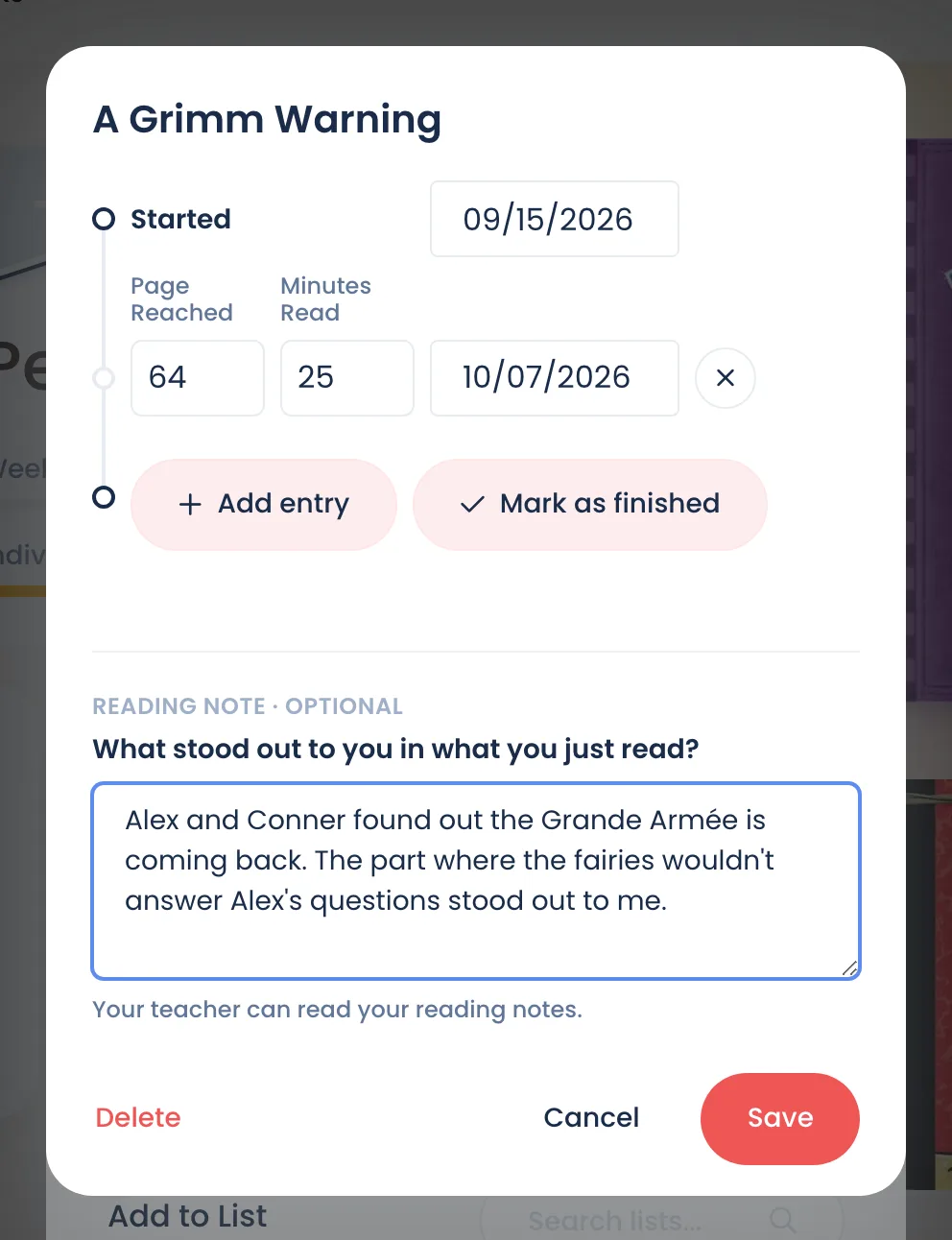The Update progress window with the optional reading note box under the page and minutes