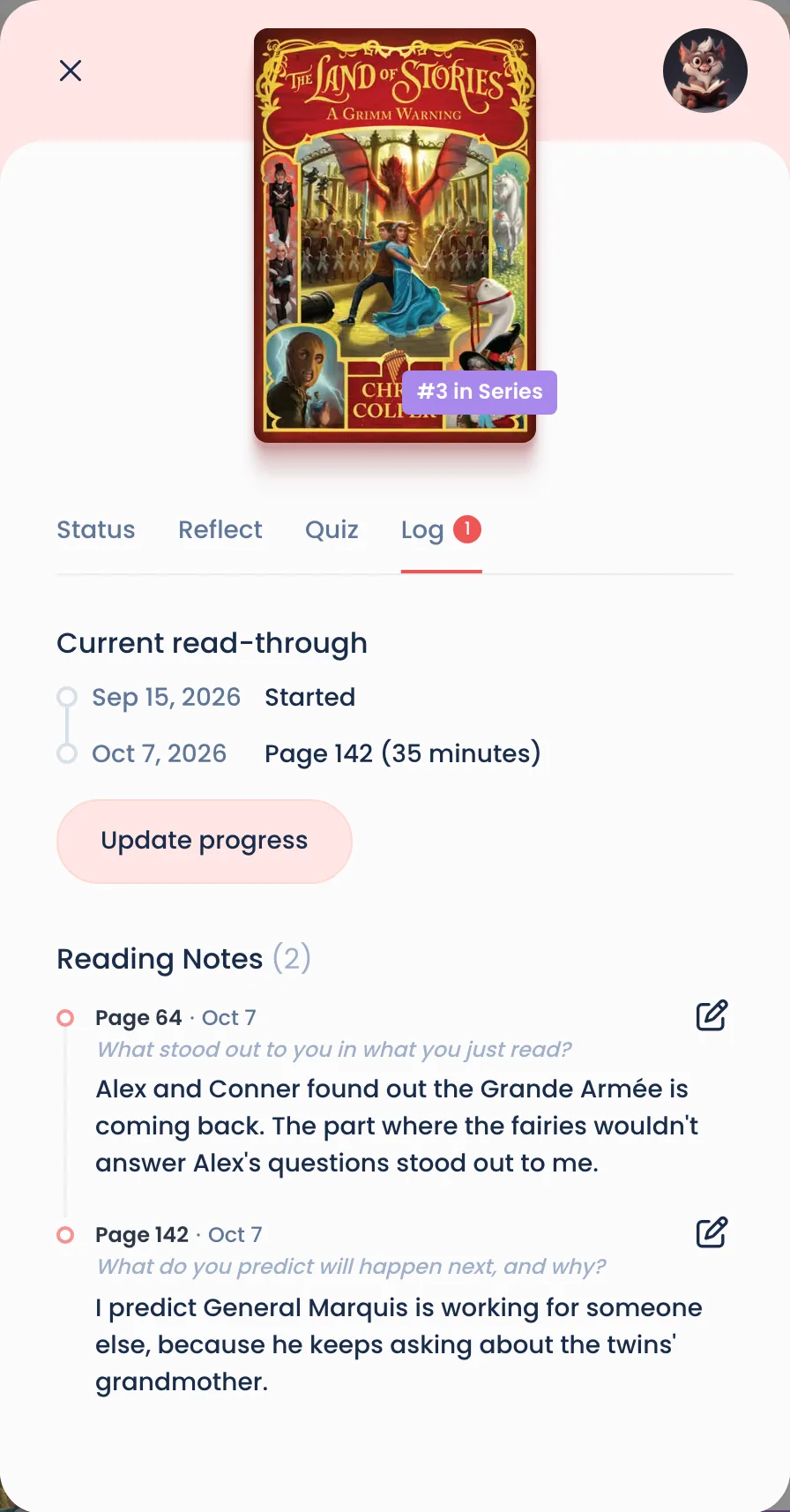 A student's Log tab: their progress, then two reading notes, each with its page, date and question