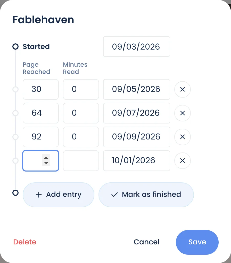 The reading window: Started, a row per entry with Page Reached and Minutes Read, Add entry and Mark as finished