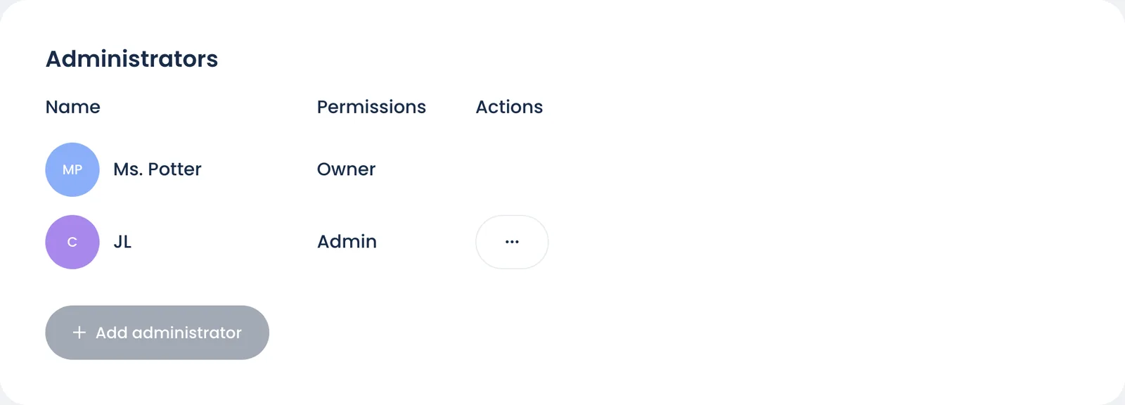 The Administrators card on the Roster page, with the Add administrator button