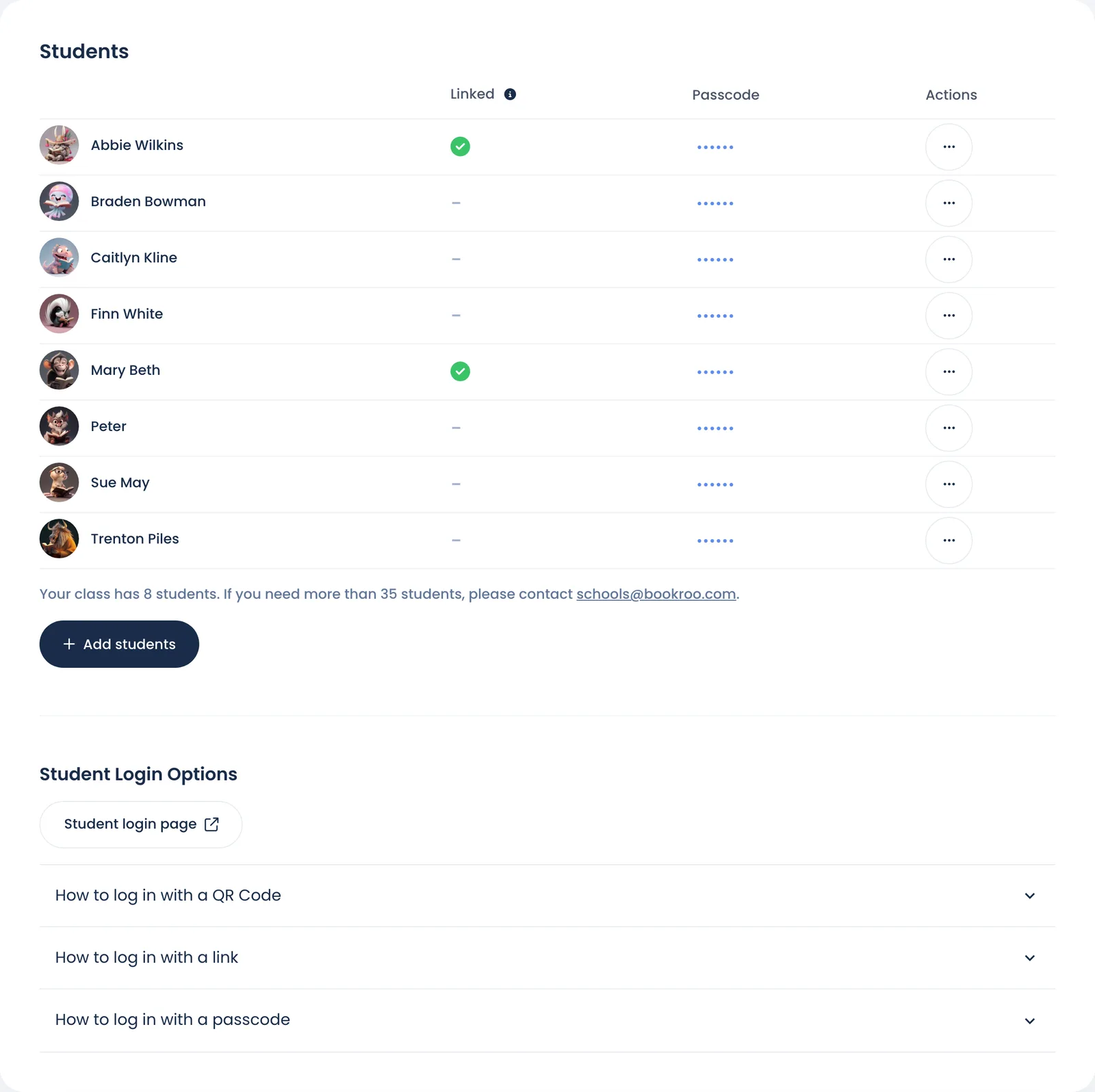 The Students card on the Roster page, with a green check in the Linked column for one student