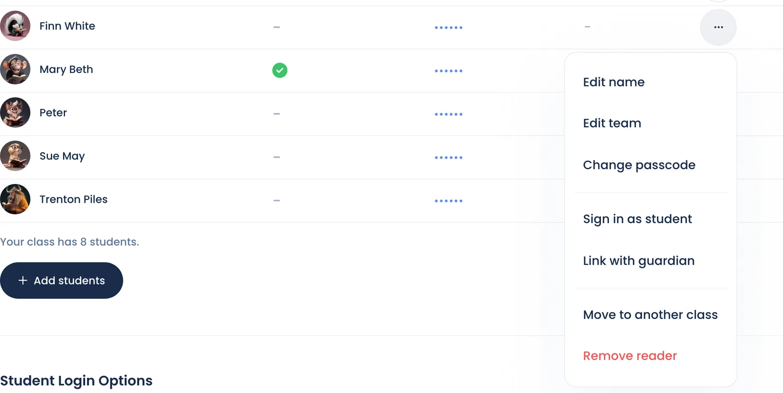 The … menu on a Roster row, from Edit name to Remove reader