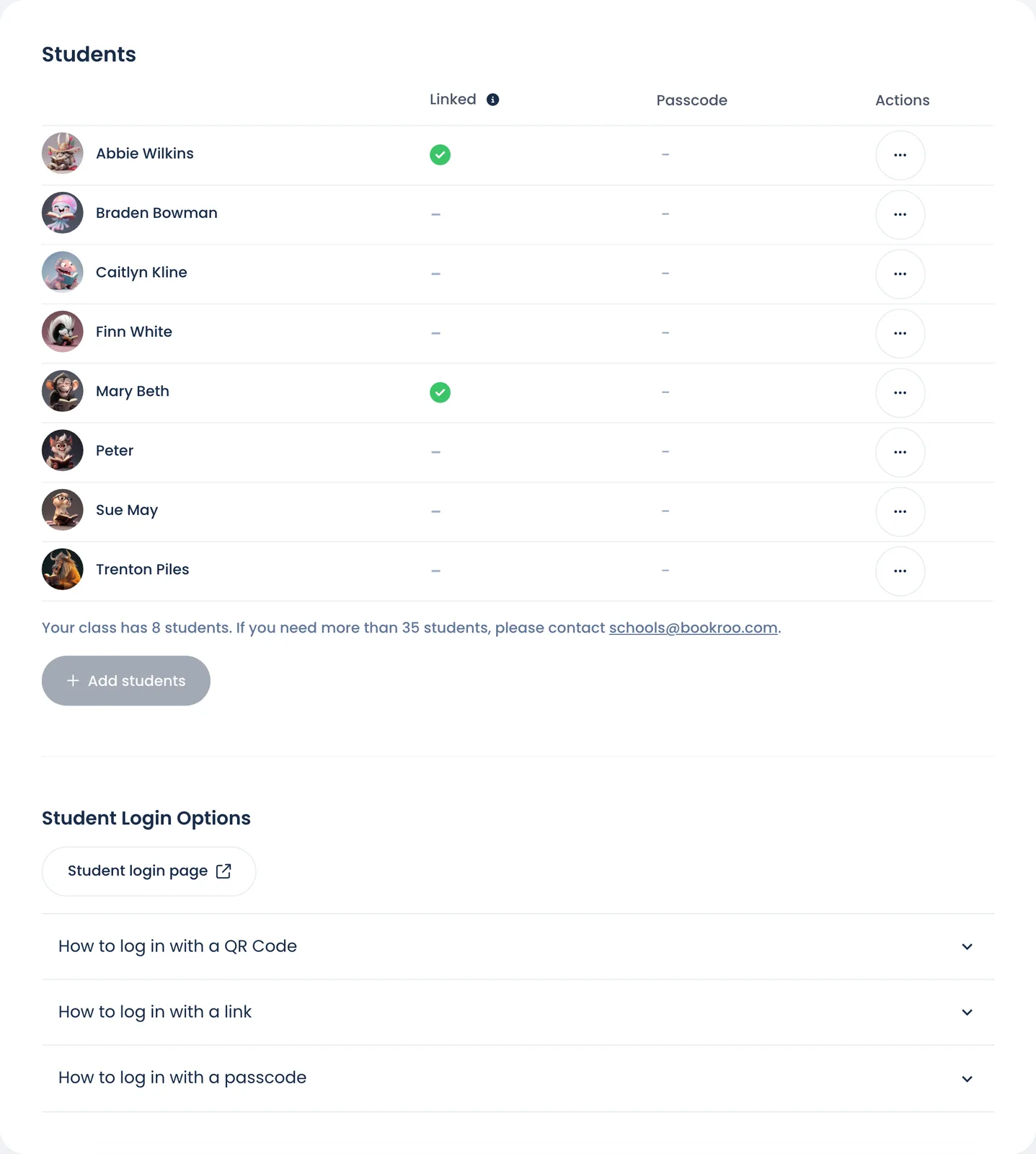 The Roster page: the Students list, the Add students button, and Student Login Options