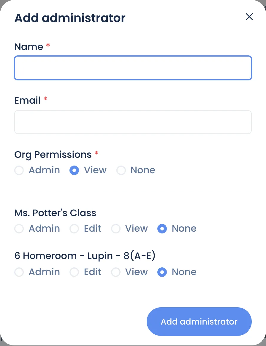 The Add administrator form: Name, Email, Org Permissions and a permission for each class
