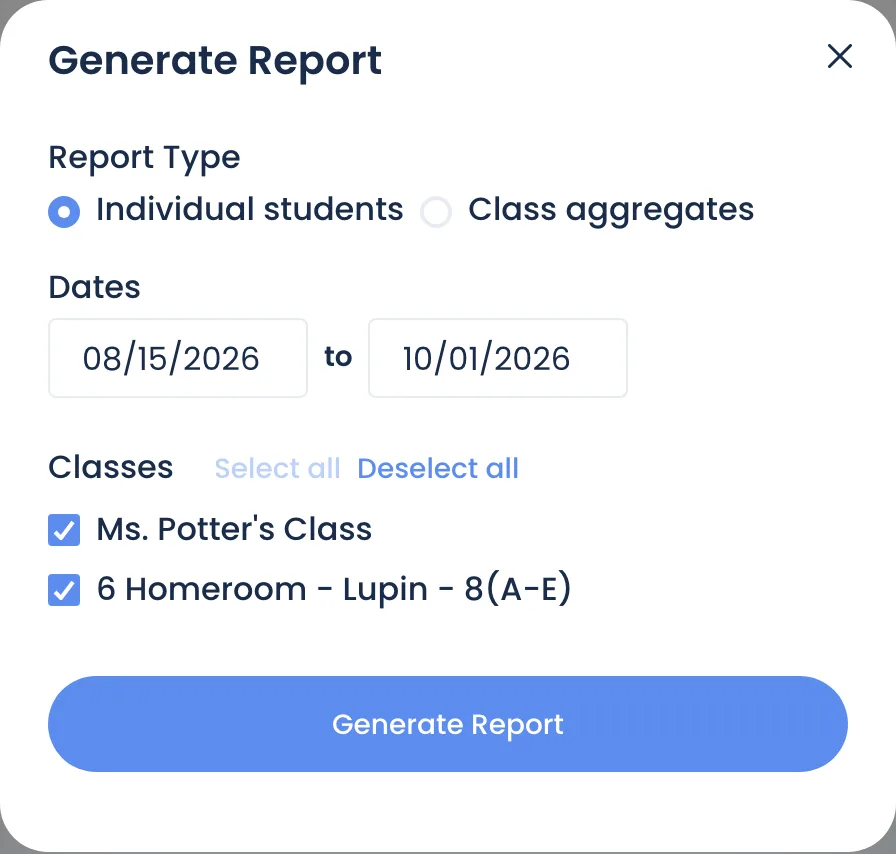 The Generate Report window: Report Type, Dates and Classes