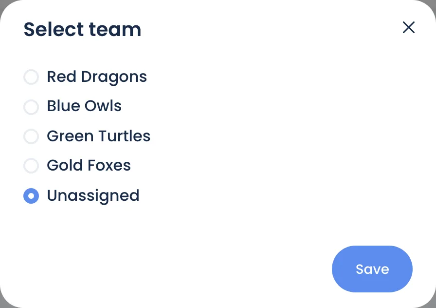 The Select team window, with each school team and Unassigned