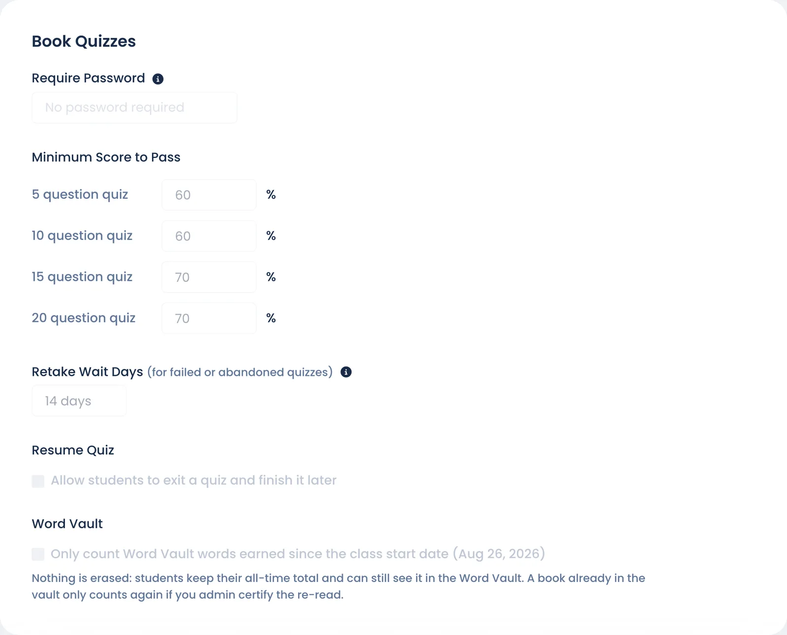 The Book Quizzes section of class Settings