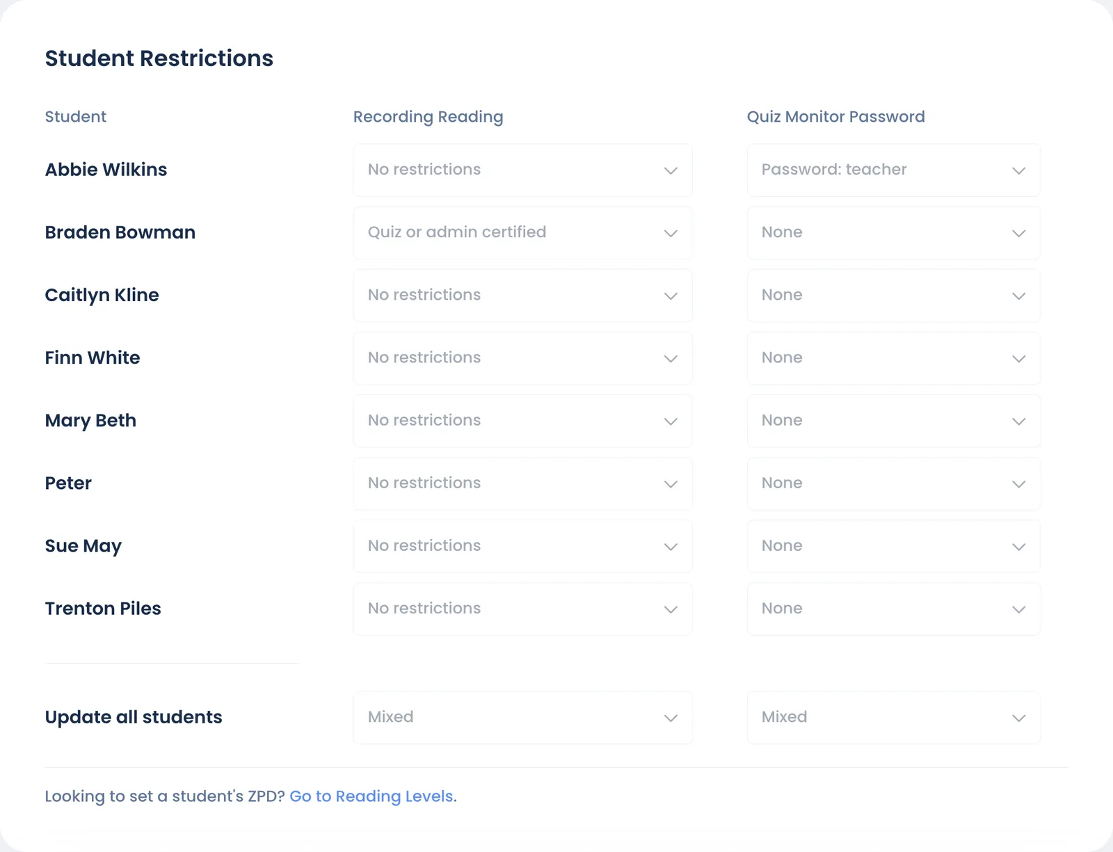 The Student Restrictions table in class Settings, with the Update all students row