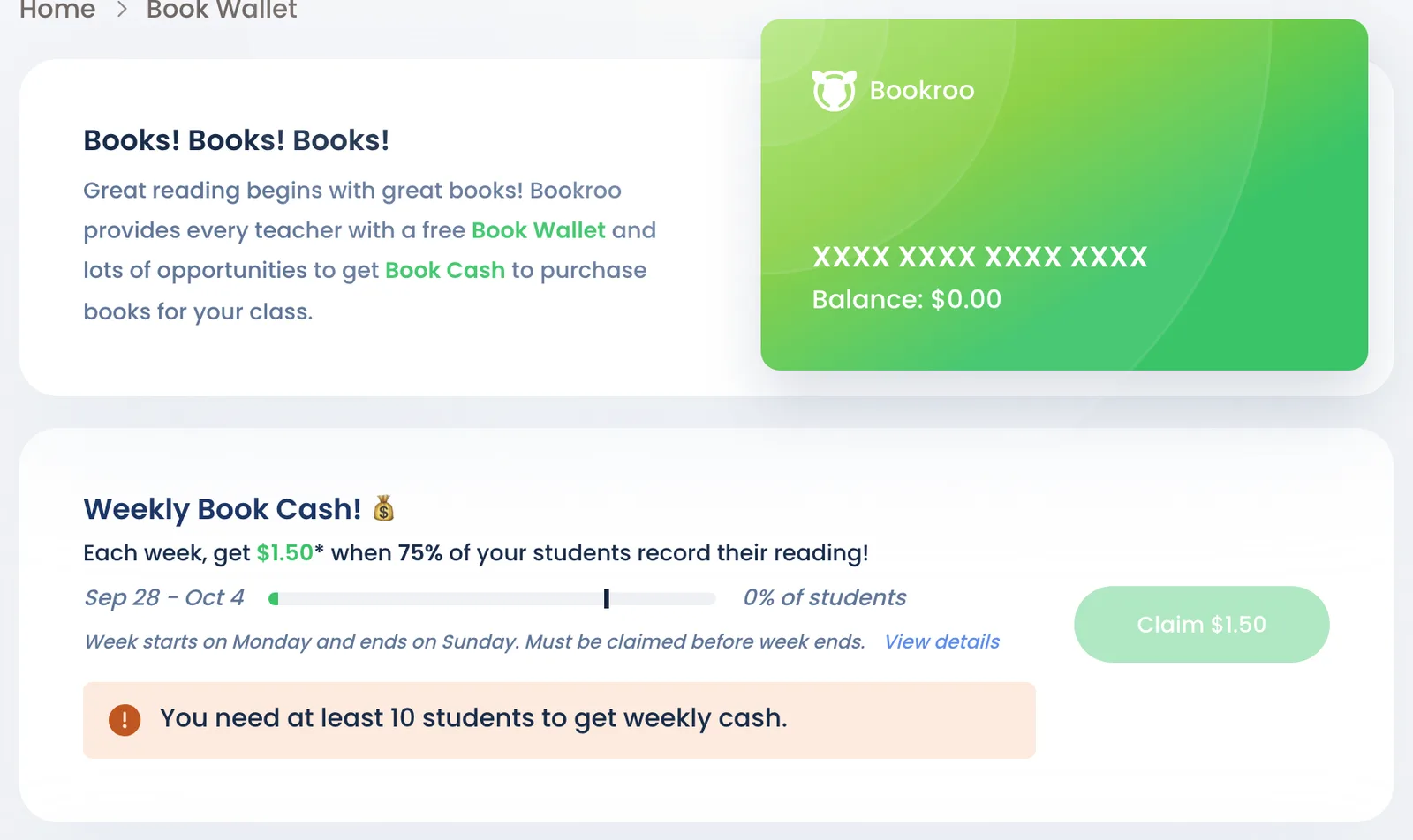 The Book Wallet card with its balance, and the Weekly Book Cash card