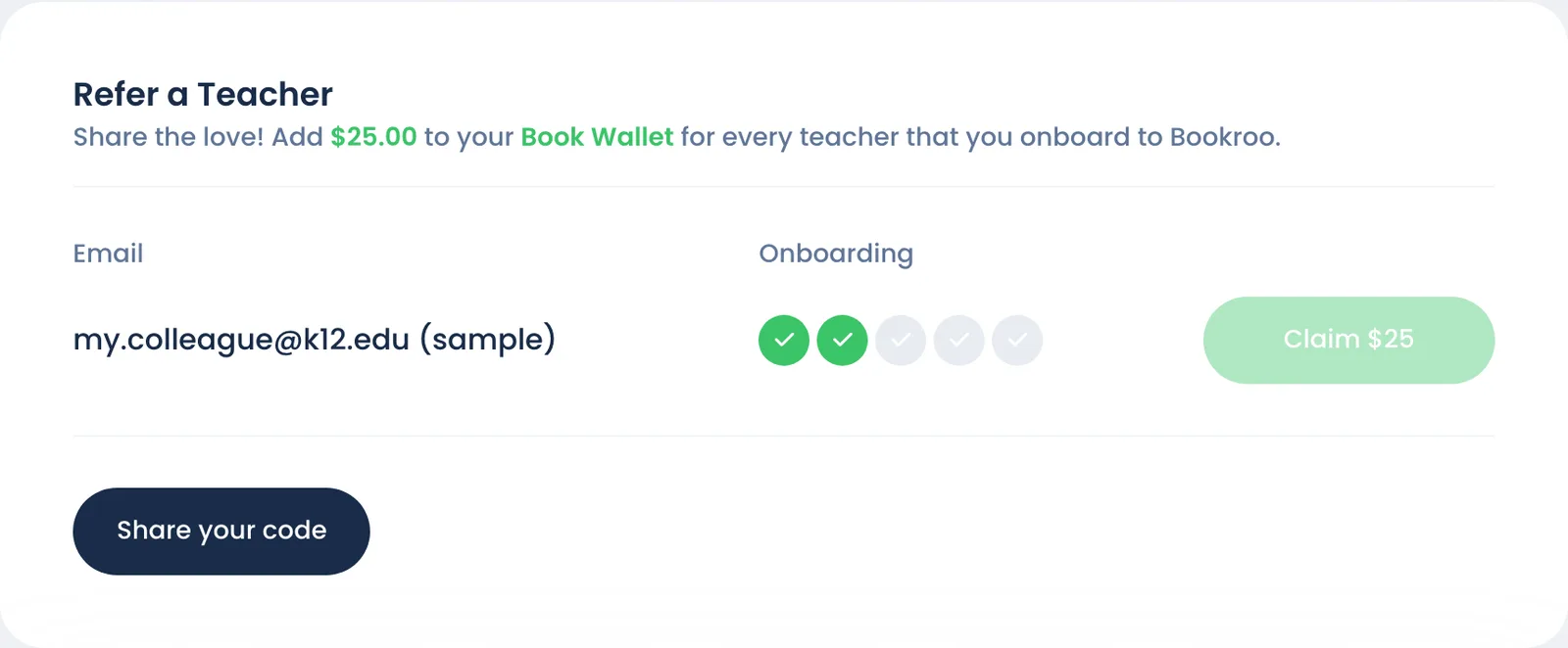 The Refer a Teacher card on the Book Wallet page, with a sample referral partly onboarded